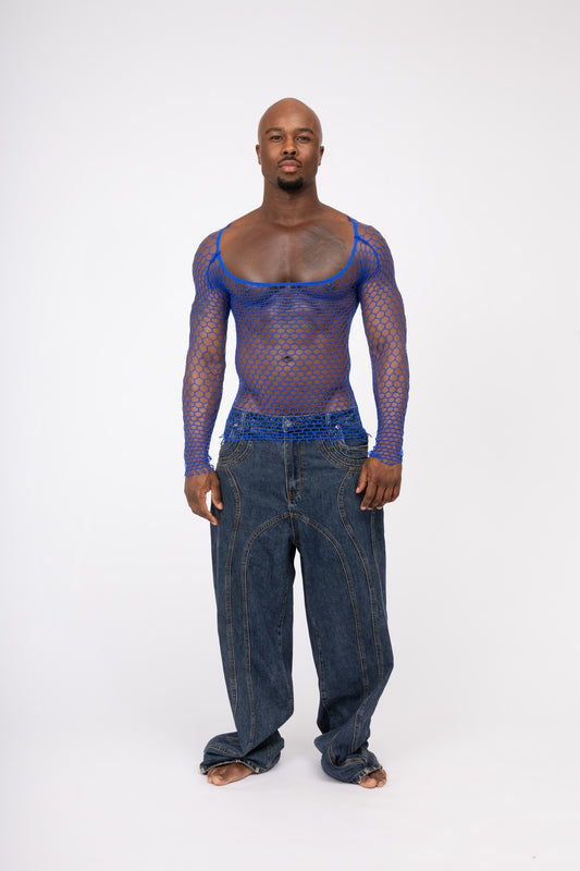 Blue Fishnet Mesh Body Sock Shirt Men Club Wear