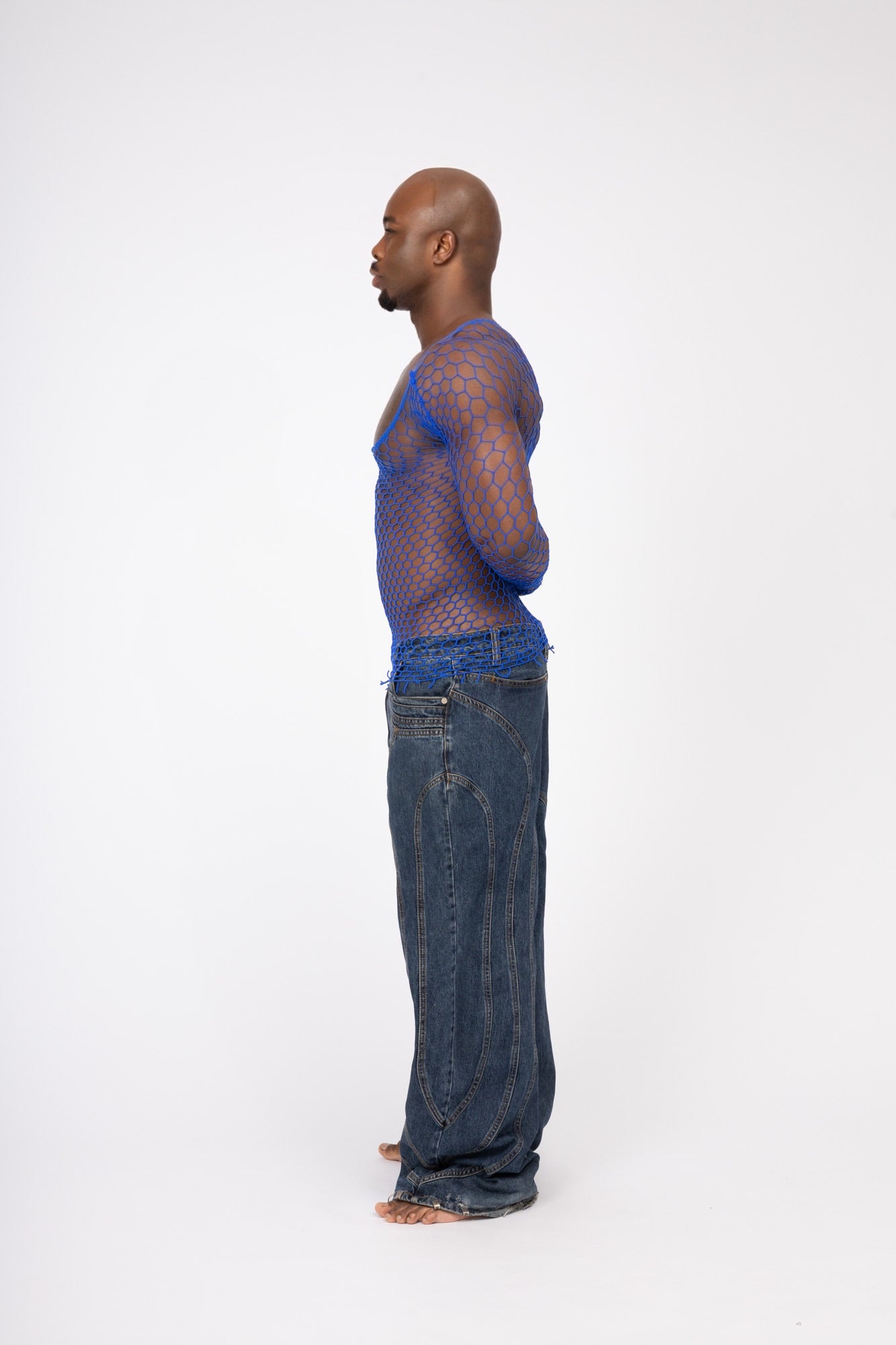 Blue Fishnet Mesh Body Sock Shirt Men Club Wear