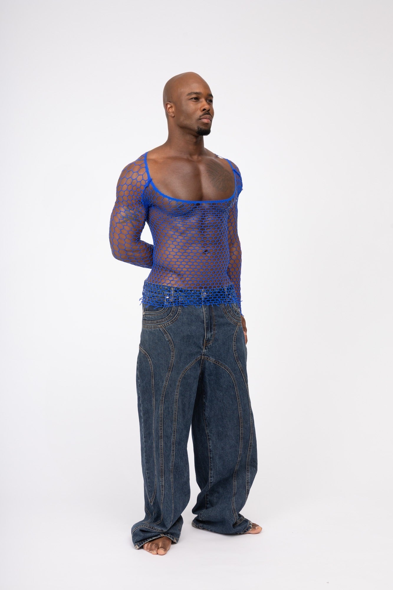 Blue Fishnet Mesh Body Sock Shirt Men Club Wear