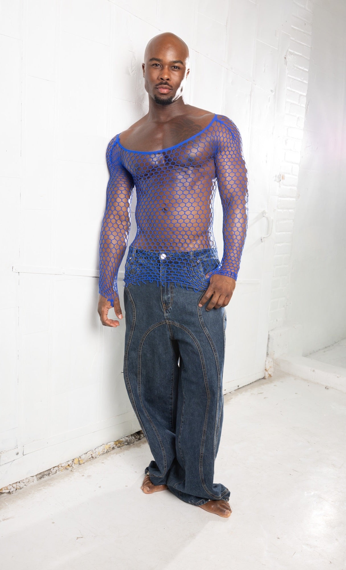 Blue Fishnet Mesh Body Sock Shirt Men Club Wear