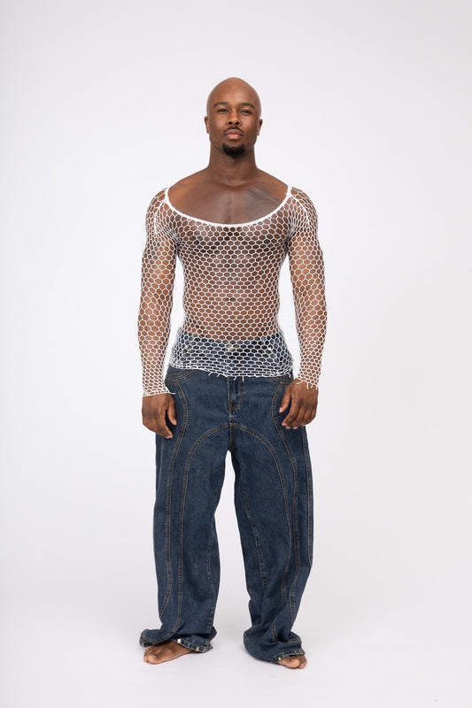 White Fishnet Mesh Body Sock Shirt Men Club Wear