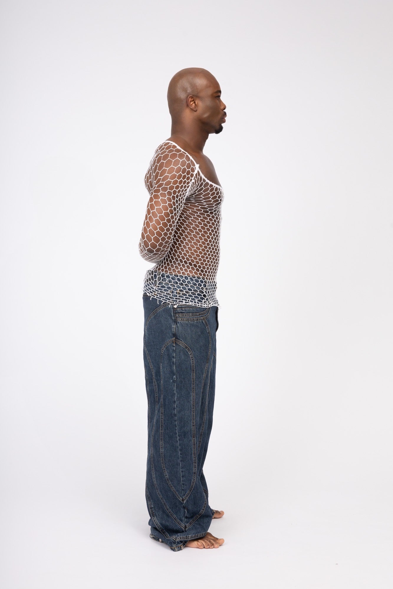 White Fishnet Mesh Body Sock Shirt Men Club Wear