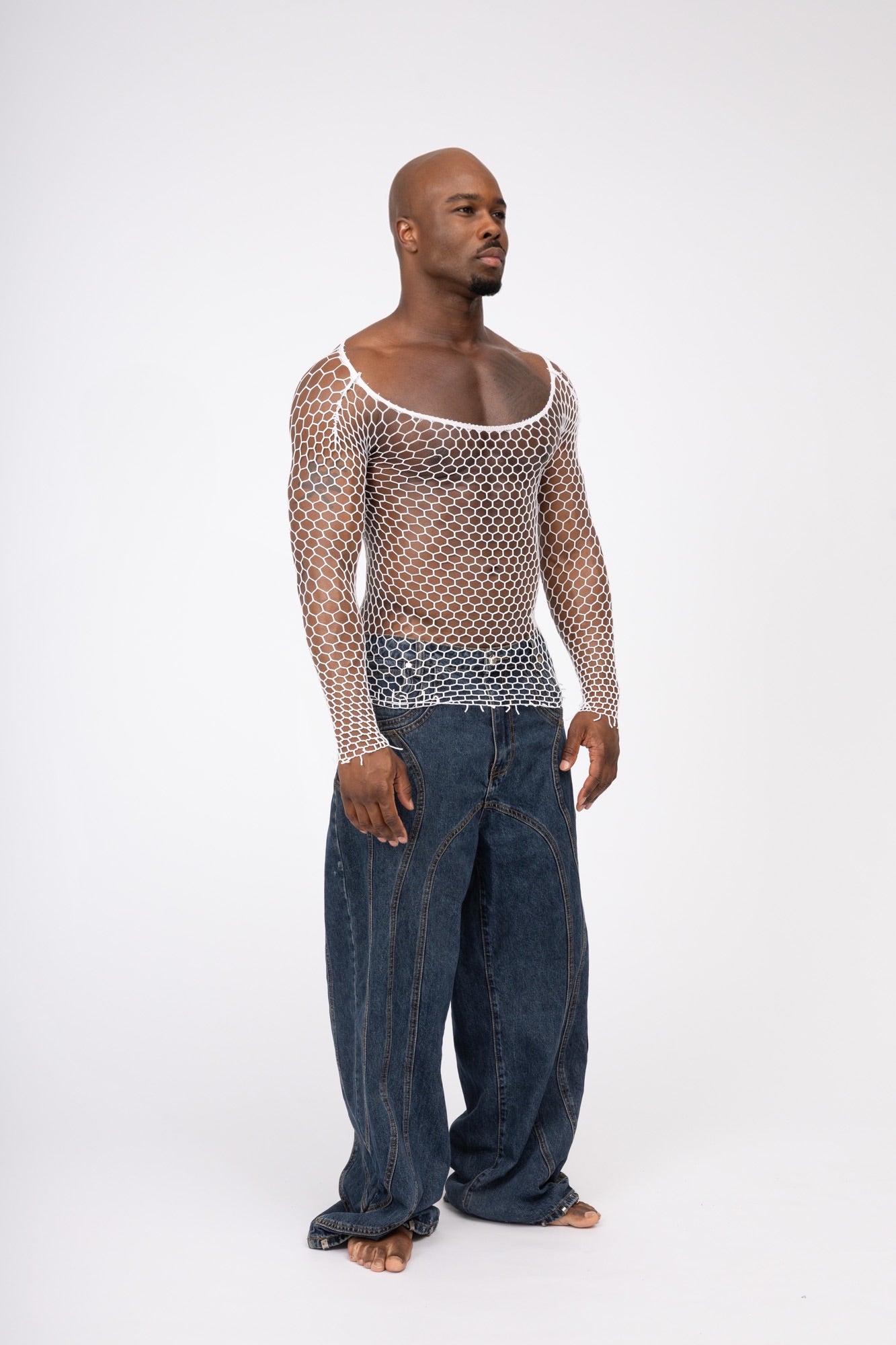 White Fishnet Mesh Body Sock Shirt Men Club Wear