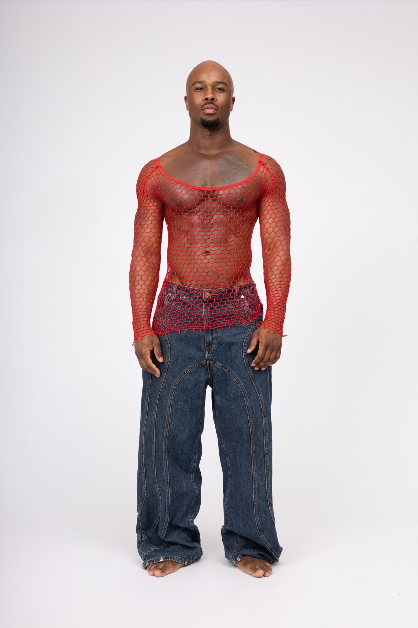 Red Fishnet Mesh Body Sock Shirt Men Club Wear