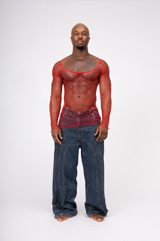 Red Fishnet Mesh Body Sock Shirt Men Club Wear