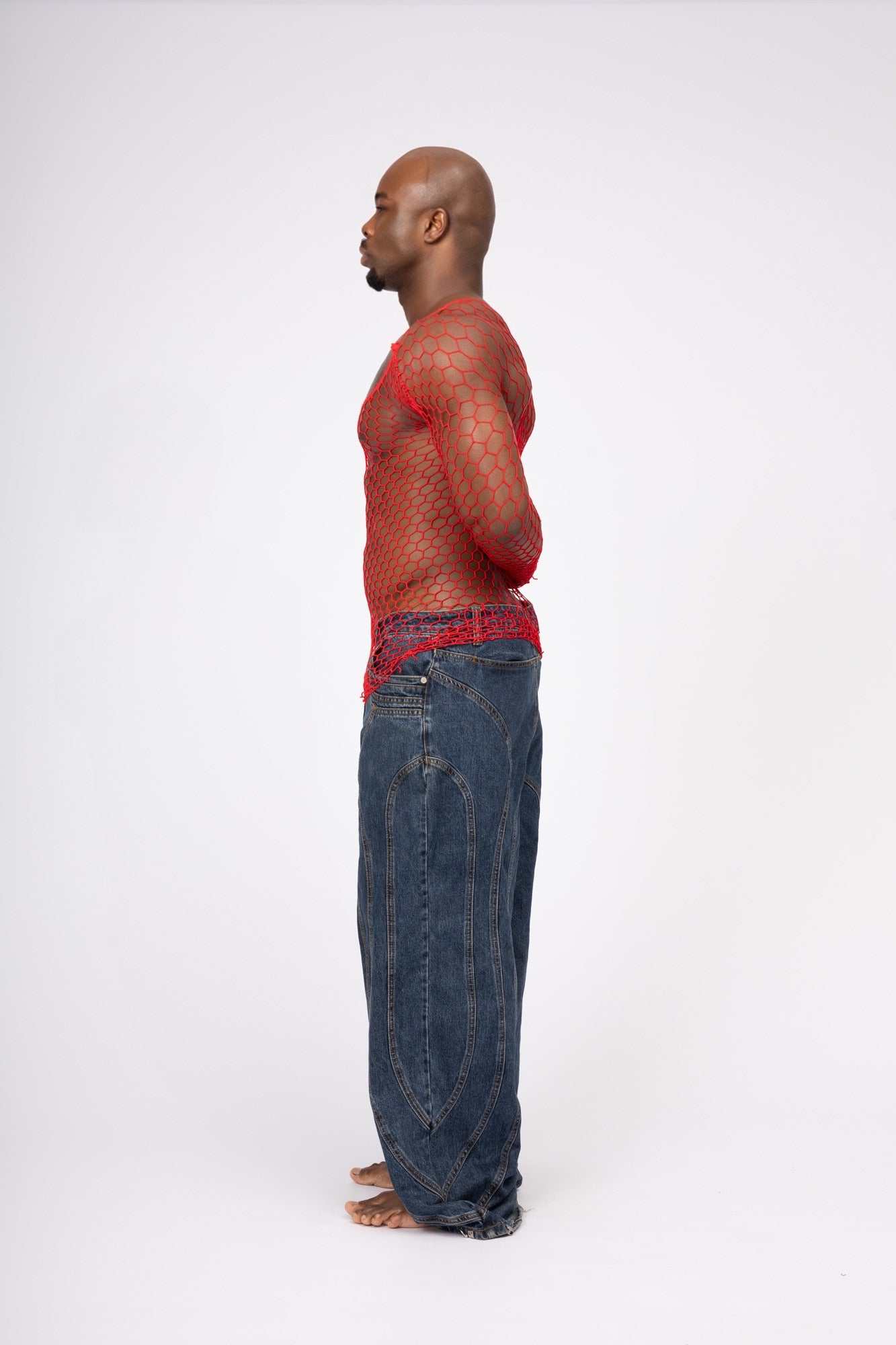 Red Fishnet Mesh Body Sock Shirt Men Club Wear