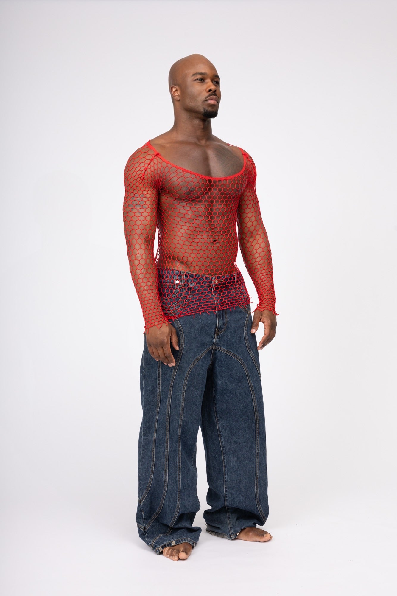 Red Fishnet Mesh Body Sock Shirt Men Club Wear