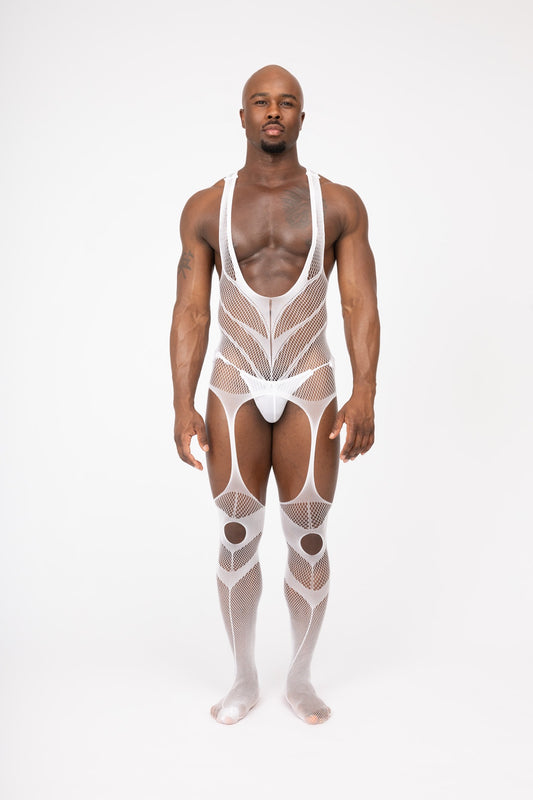 Hollow Fishnet Breathable Bodysuit White Layering Onesie Outfit