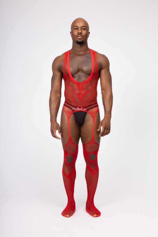 Hollow Fishnet Breathable Bodysuit Red Layering Onesie Outfit