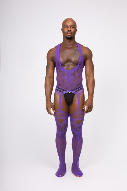 Hollow Fishnet Breathable Bodysuit Purple Layering Onesie Outfit