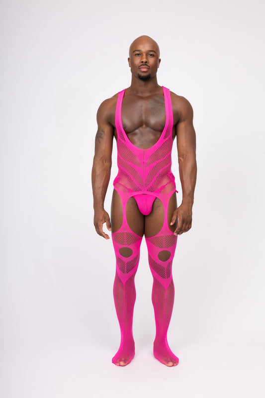 Hollow Fishnet Breathable Bodysuit Pink Layering Onesie Outfit