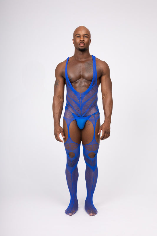 Hollow Fishnet Breathable Bodysuit Blue Layering Onesie Outfit