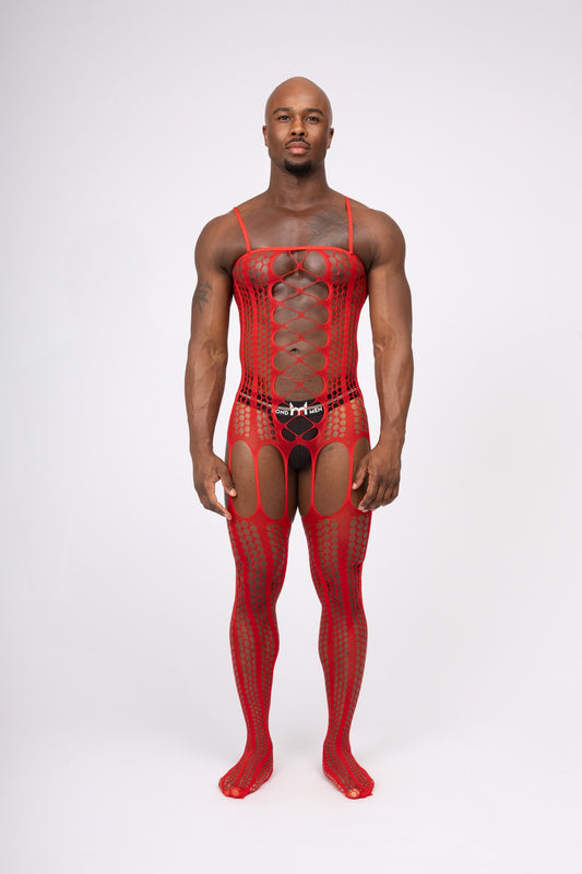 Red Garter Fishnet Bodysuit Breathable Stretchable Layering Outfit