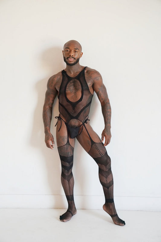 Men's Black Hollow V Fishnet Mesh See - through Bodysuit Stretchable - TB - BondMenBody Suit