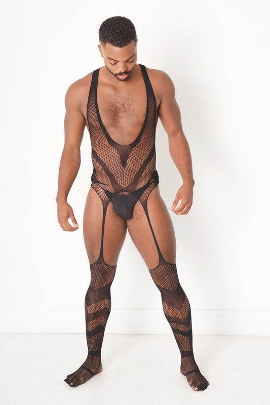 Men's Black V Mesh Fishnet See - through Nightwear Sexy Lingerie - TB - BondMenBody Suit