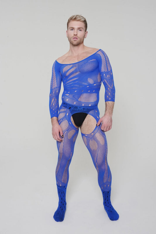 Men's Blue Hollow Mesh Long Sleeve Bodysuit Sexy Lingerie - TB - BondMenBody Suit