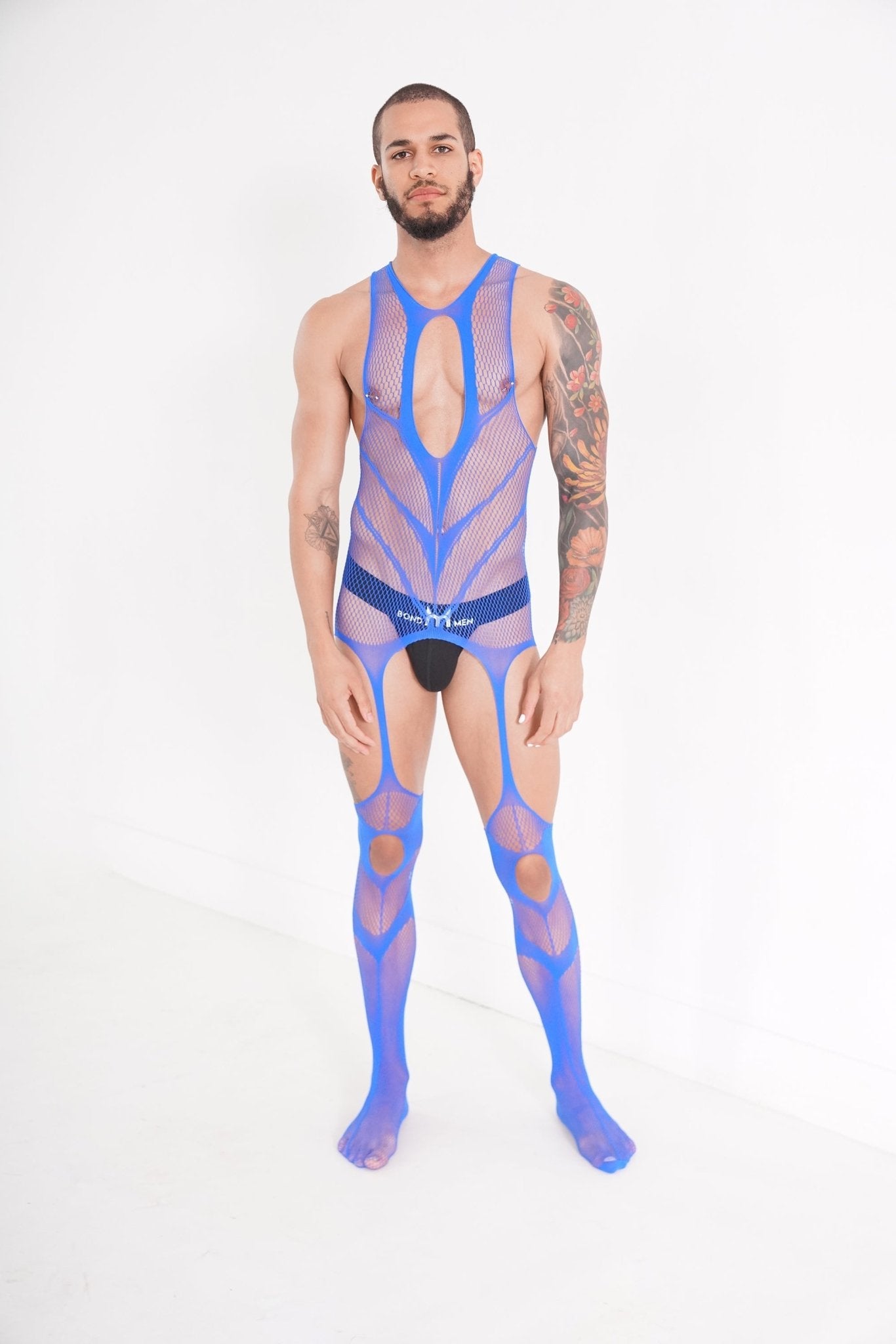 Men's Blue V Fishnet Mesh Sleeveless See-through Bodysuit Sexy Lingeri TB-BondMen Men's Blue V Fishnet Mesh Sleeveless See-through Bodysuit Sexy Lingeri TB-BondMen