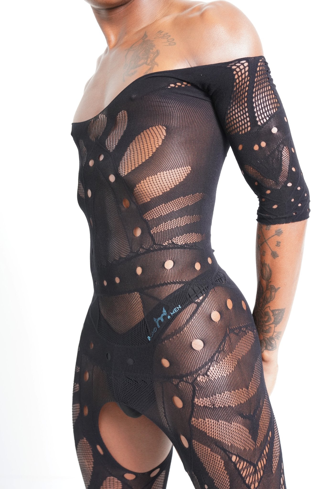 Men's Butterfly Black Hollow Pattern Mesh Short Sleeve Bodysuit Stretchable - TB - BondMenBody Suit