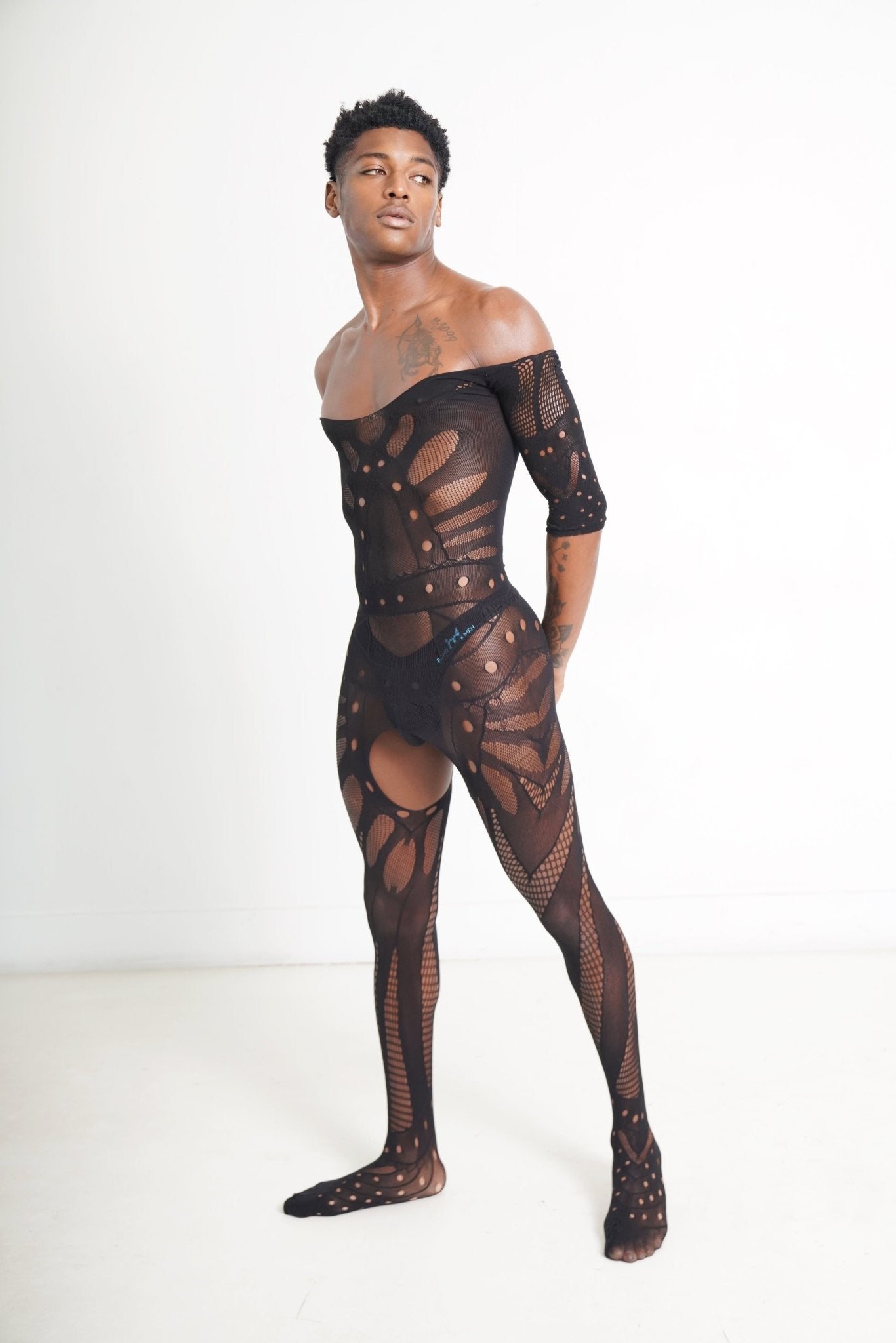 Men's Butterfly Black Hollow Pattern Mesh Short Sleeve Bodysuit Stretchable - TB - BondMenBody Suit