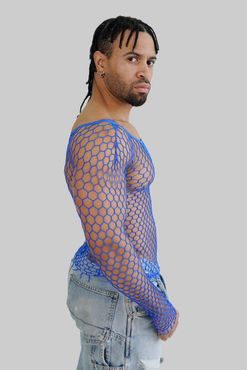 b ue fish net Men's Blue Fishnet Mesh Long Sleeve Tee Tops Bodysuit Stretchable – TB-BondMen