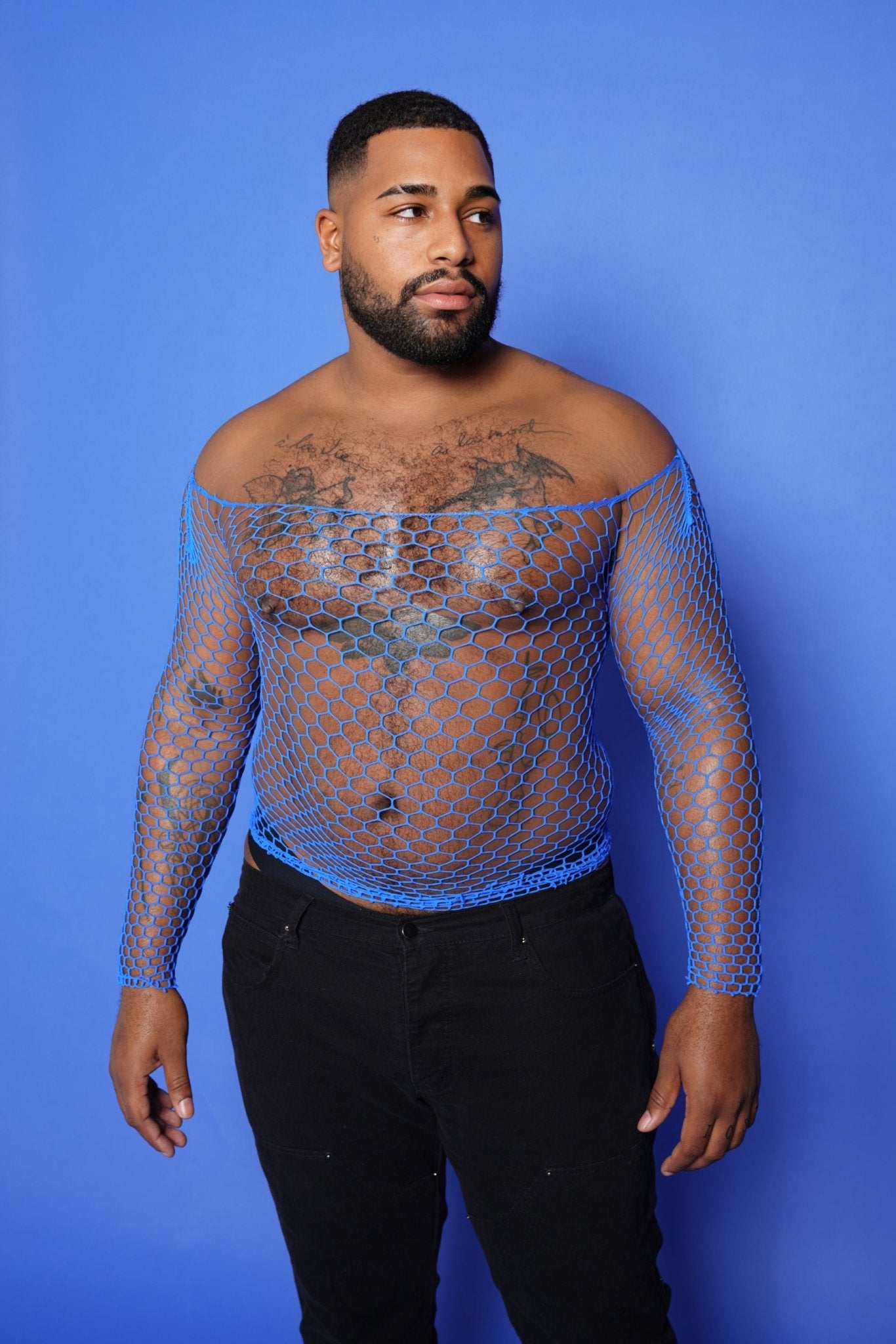 b ue fish net Men's Blue Fishnet Mesh Long Sleeve Tee Tops Bodysuit Stretchable –  TB-BondMen