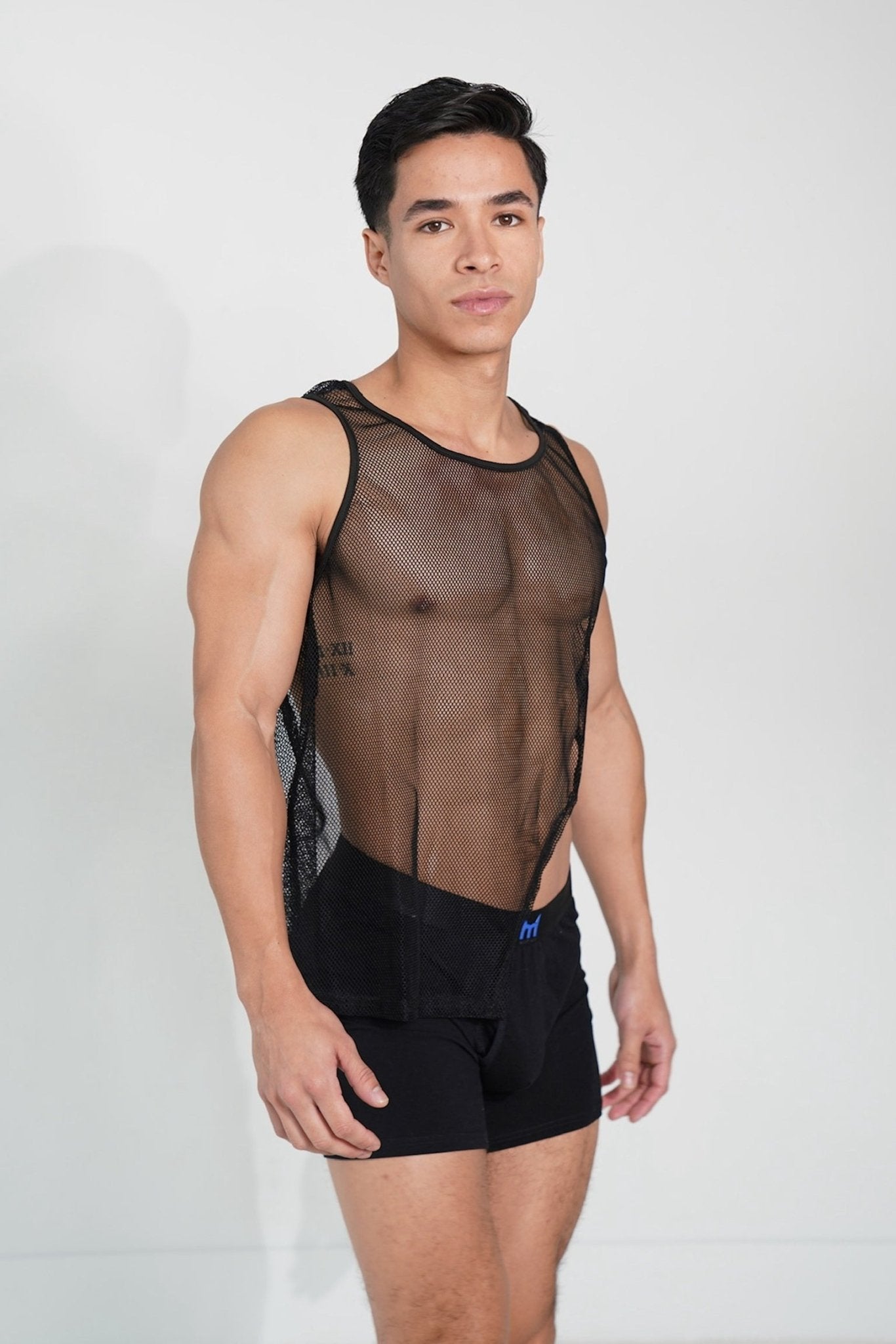 Black Asymmetrical Illusion Mesh Top - TB-BondMenTop