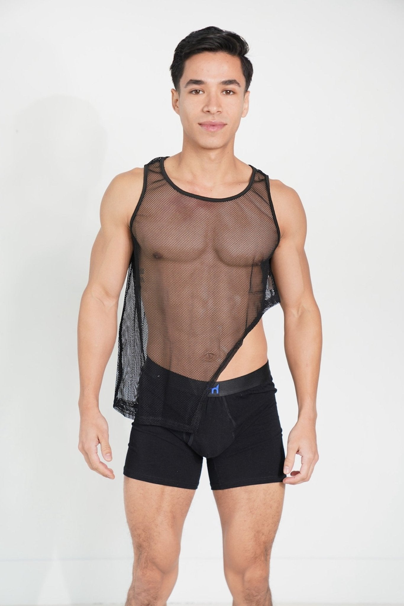 Black Asymmetrical Illusion Mesh Top - TB-BondMenTop