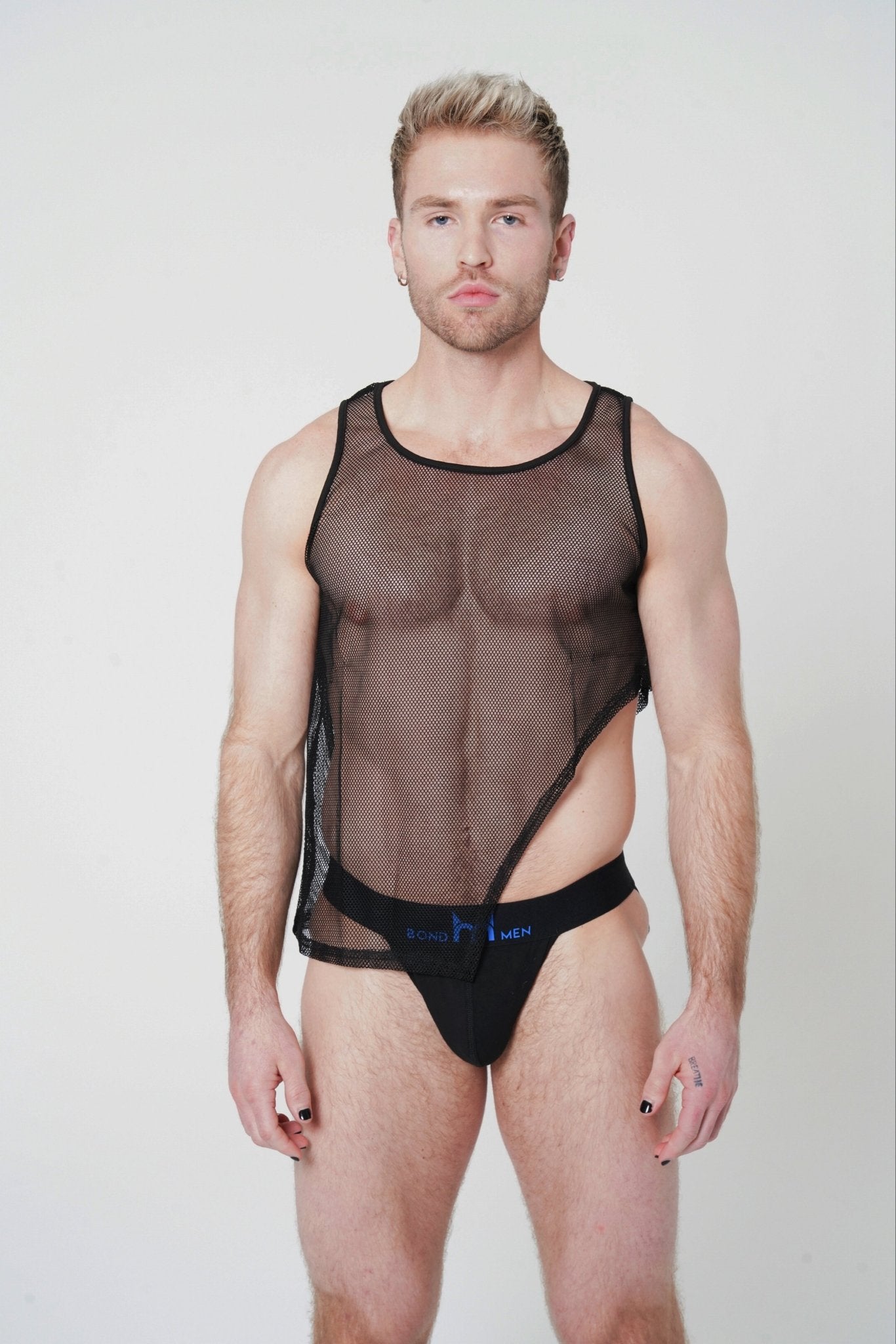 Black Asymmetrical Illusion Mesh Top - TB-BondMenTop