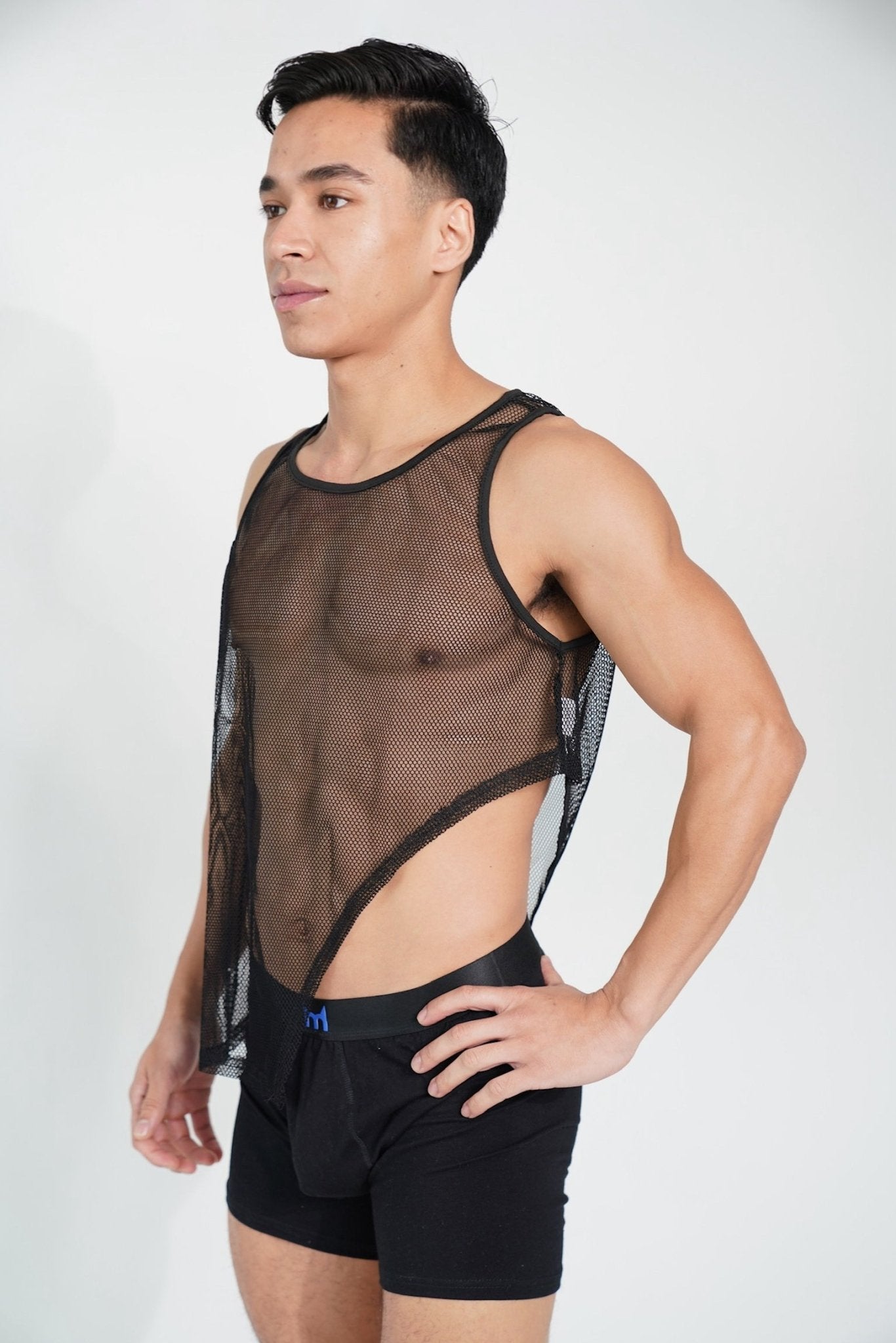 Black Asymmetrical Illusion Mesh Top - TB-BondMenTop