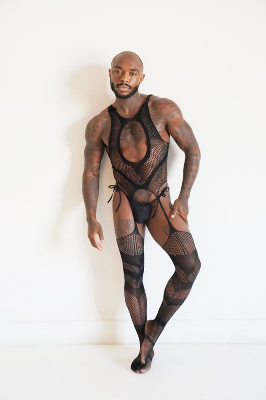 Black Hollow Fishnet Bodysuit - TB-BondMenBody Suit