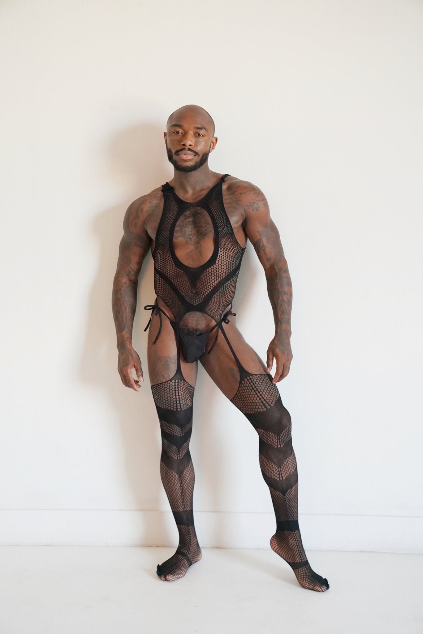 Black Hollow Fishnet Bodysuit - TB-BondMenBody Suit
