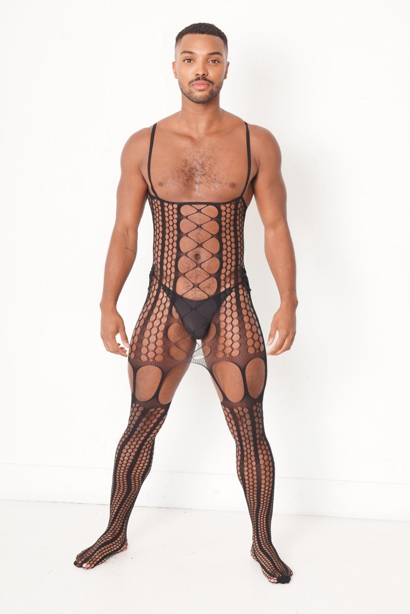 Black Hollow Fishnet Bodysuit on model, Body Suit, mesh nightwear, bdsm bodysuit, lgbtq bodysuit, fetish bodysuit