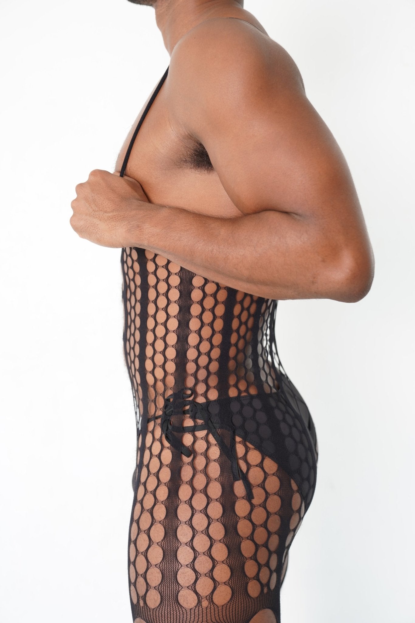 Black Hollow Fishnet Bodysuit on model, Body Suit, mesh nightwear, bdsm bodysuit, lgbtq bodysuit, fetish bodysuit