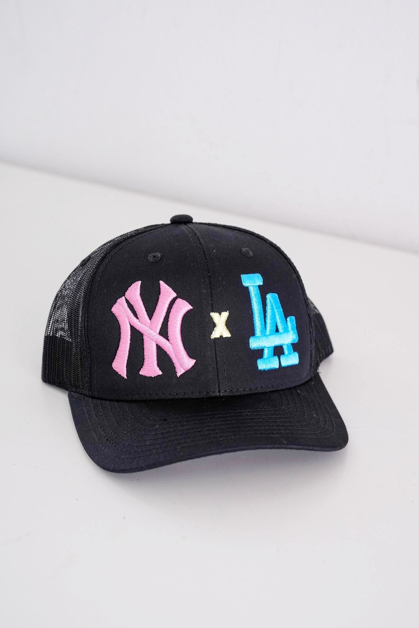 Black Pink NY X Blue LA Trucker Hat , Men's hat, Trucker Cap