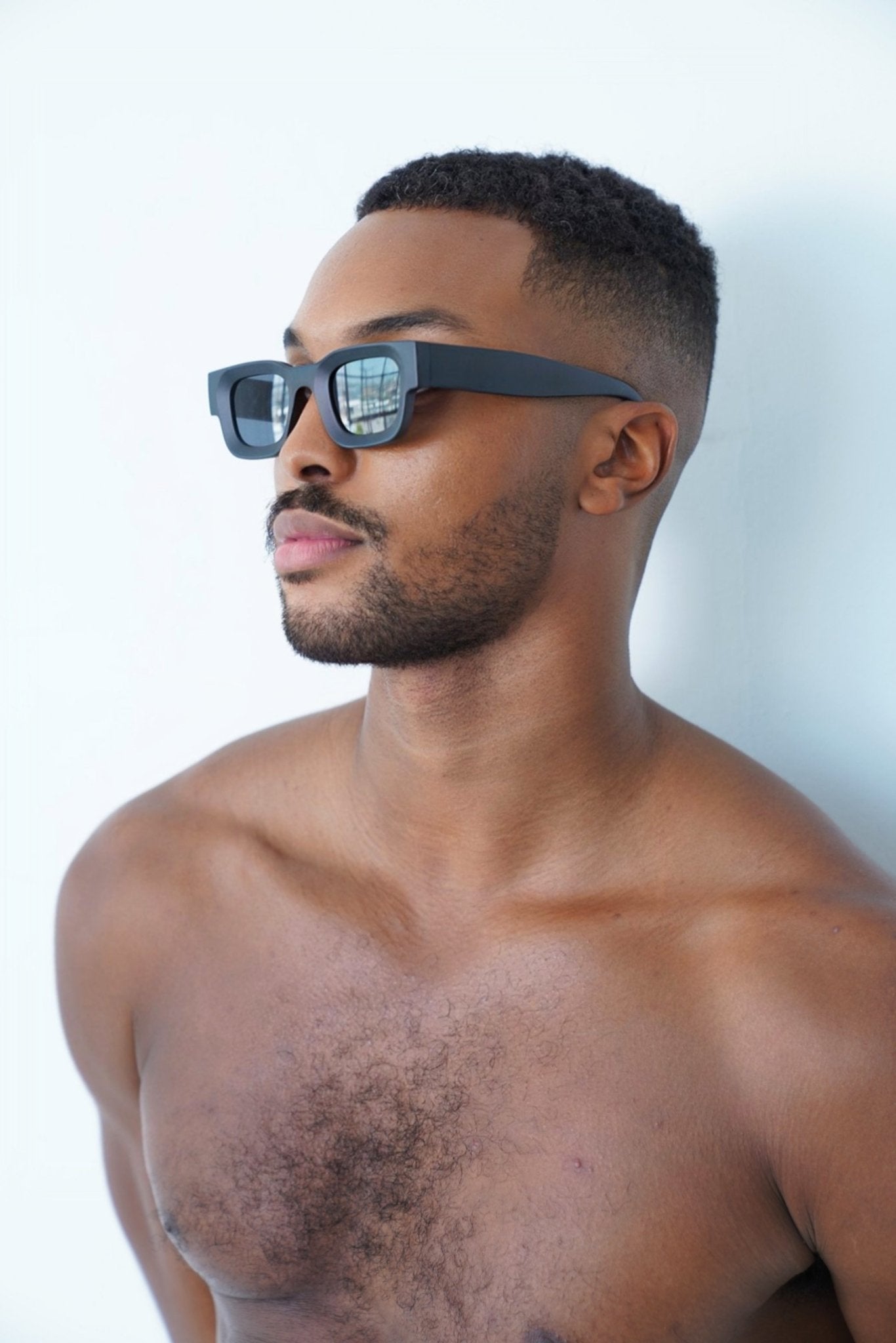 Block Black Retro Sunglasses on model, black sunglasses, men's fashion