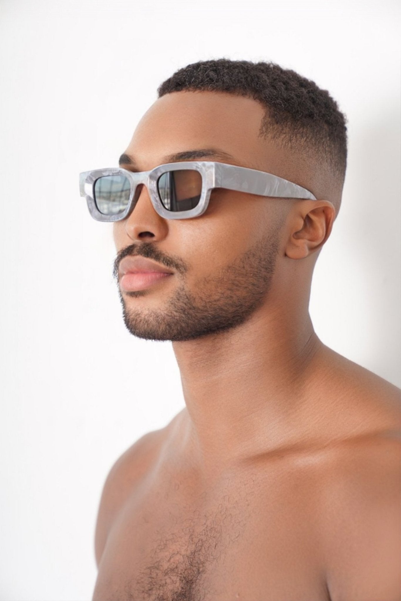 Block Grey Marble Retro Sunglasses on model, sunglasses, men's fashion