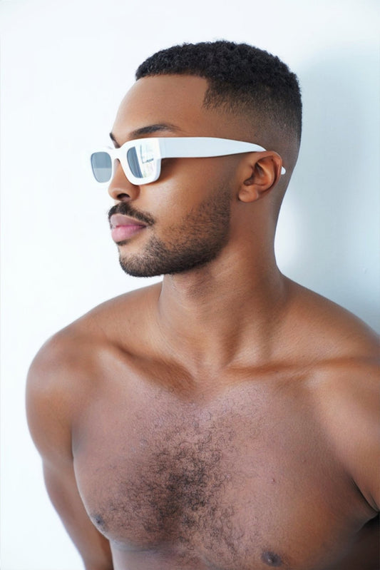 Block White Retro Sunglasses on model, sunglasses, men's fashion