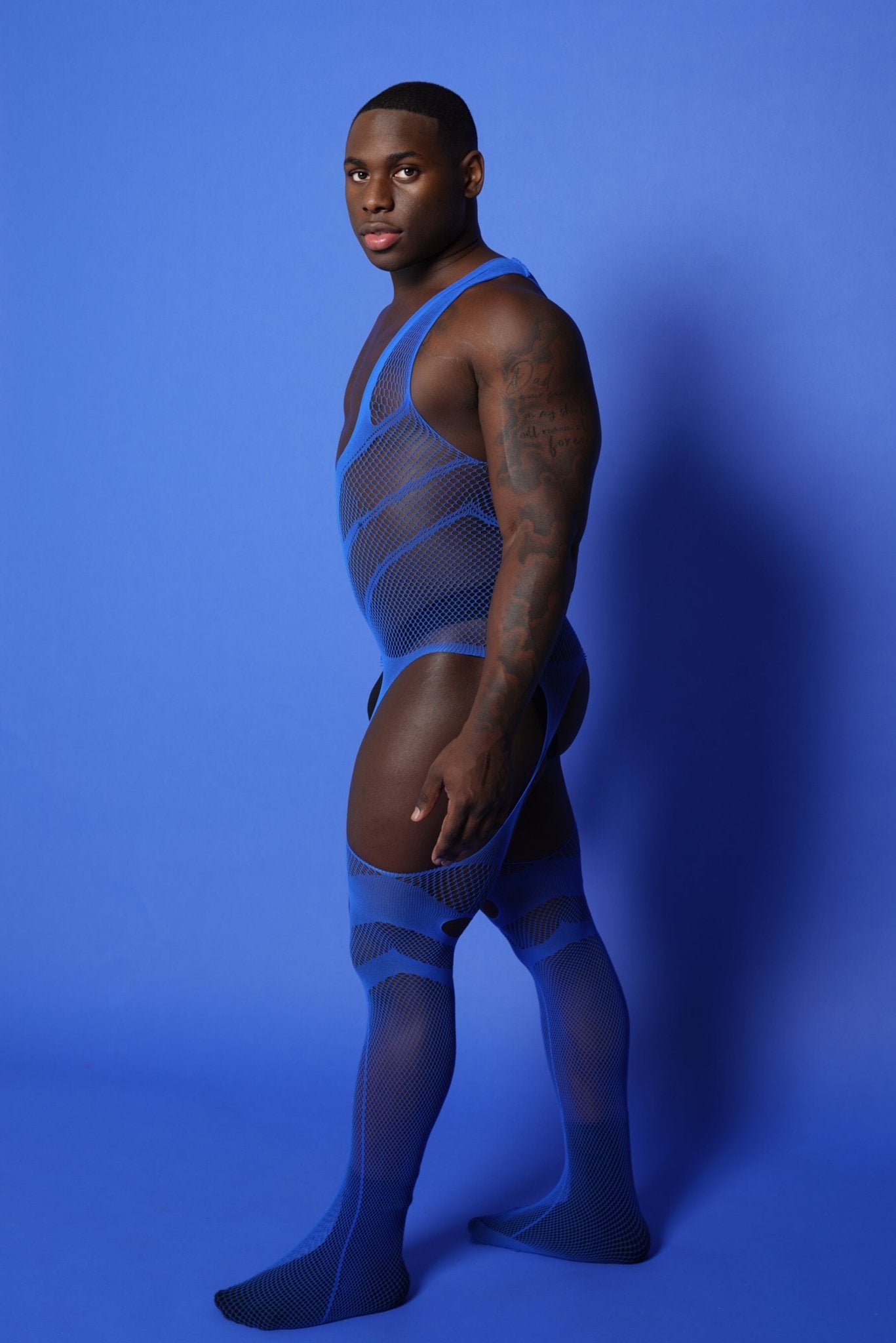 Blue Hollow Fishnet Bodysuit - TB-BondMenBody Suit