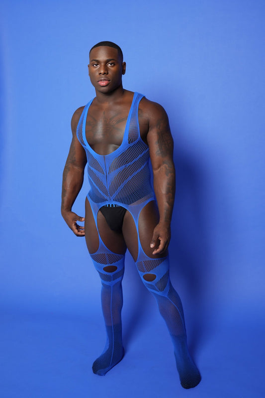 Blue Hollow Fishnet Bodysuit - TB-BondMenBody Suit