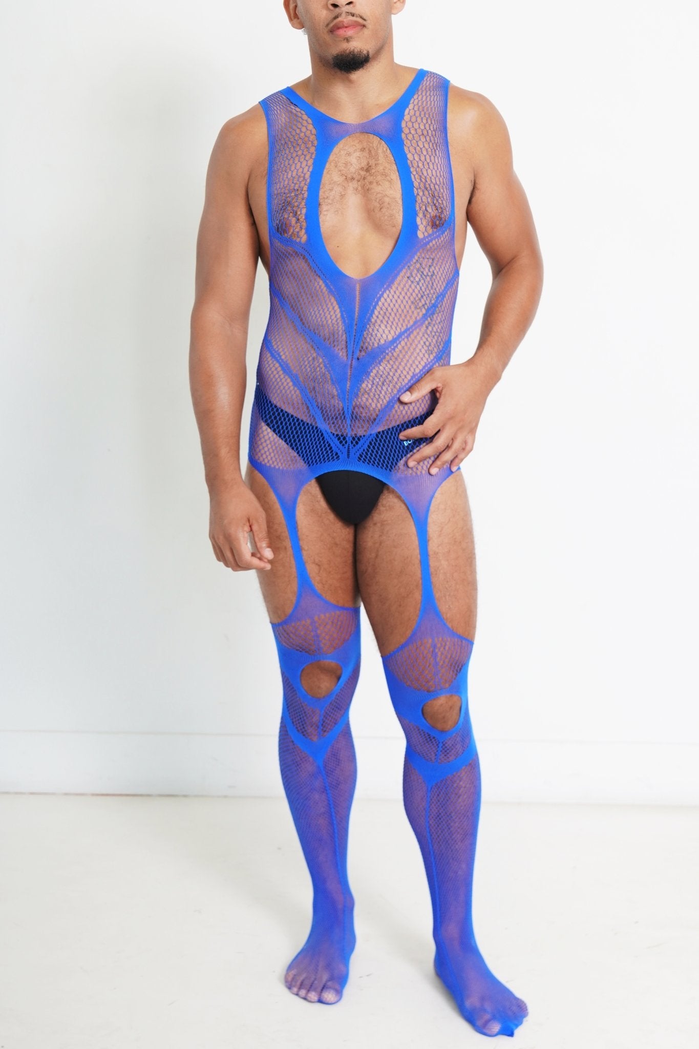 Blue Hollow Fishnet Bodysuit on model, body suit, bdsm bodysuit, lgbtq bodysuit, fetish bodysuit