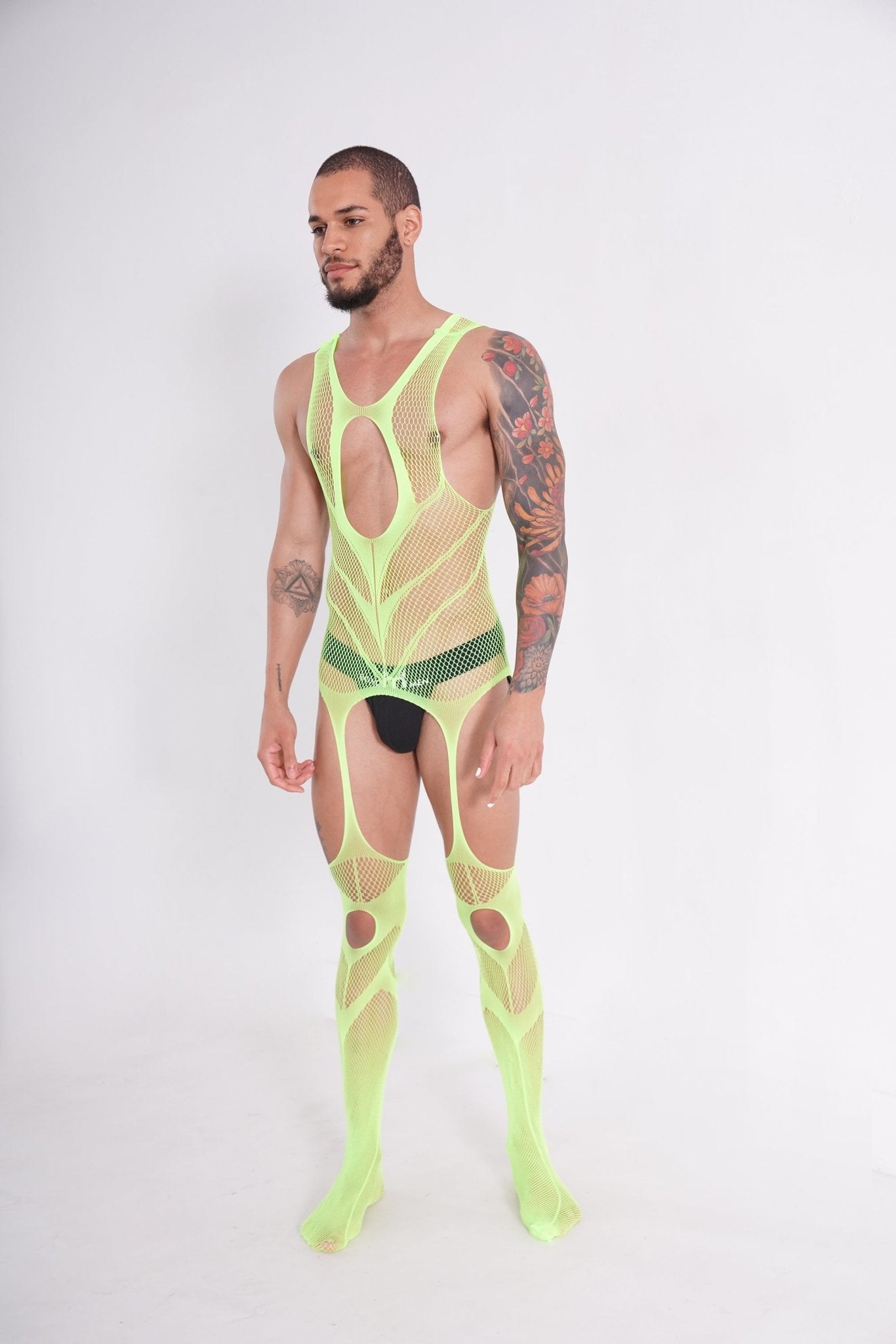 Yellow Green Hollow Fishnet Bodysuit, body suit, bdsm bodysuit, lgbtq bodysuit, fetish bodysuit