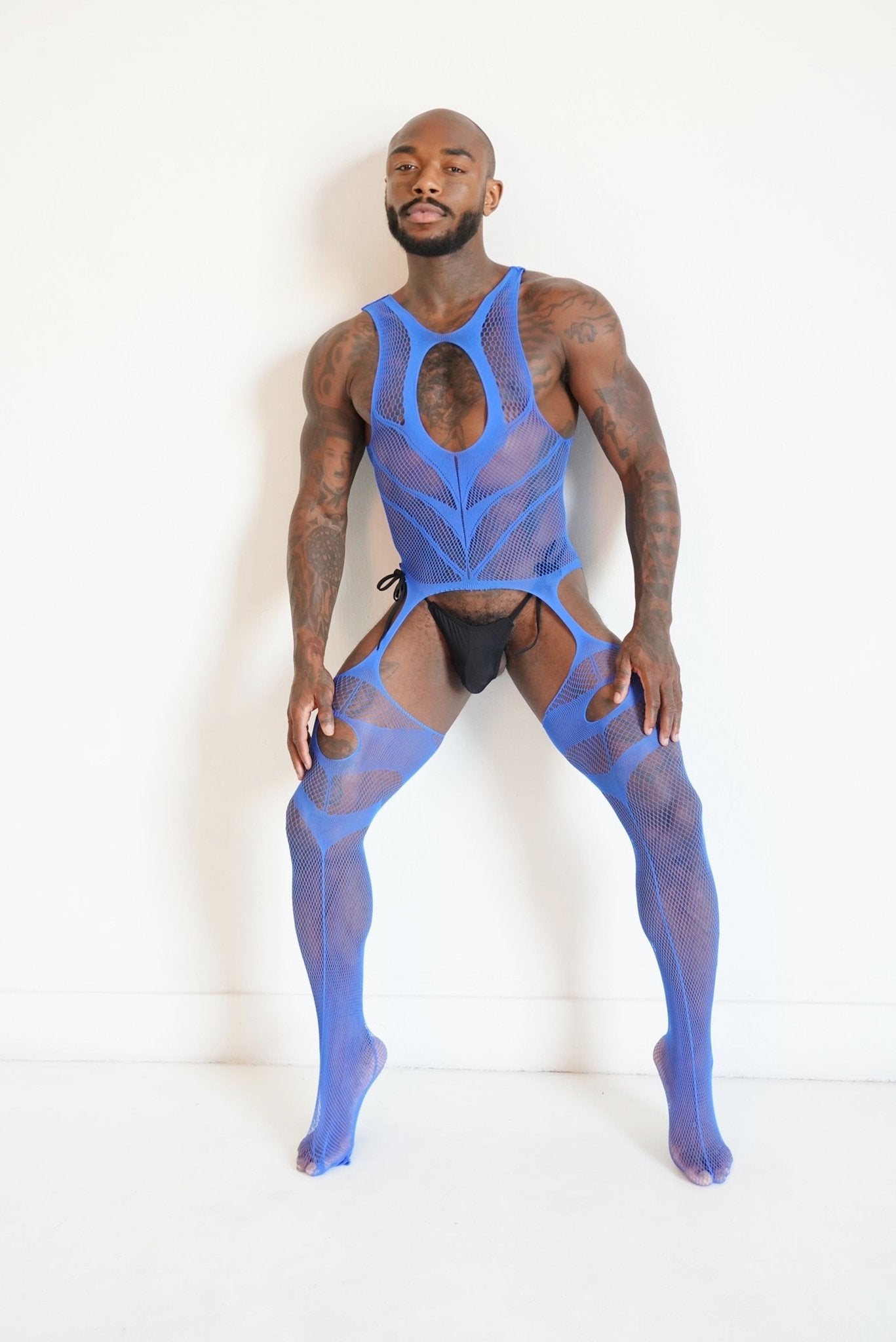 Blue Hollow Fishnet Bodysuit - TB-BondMenBody Suit