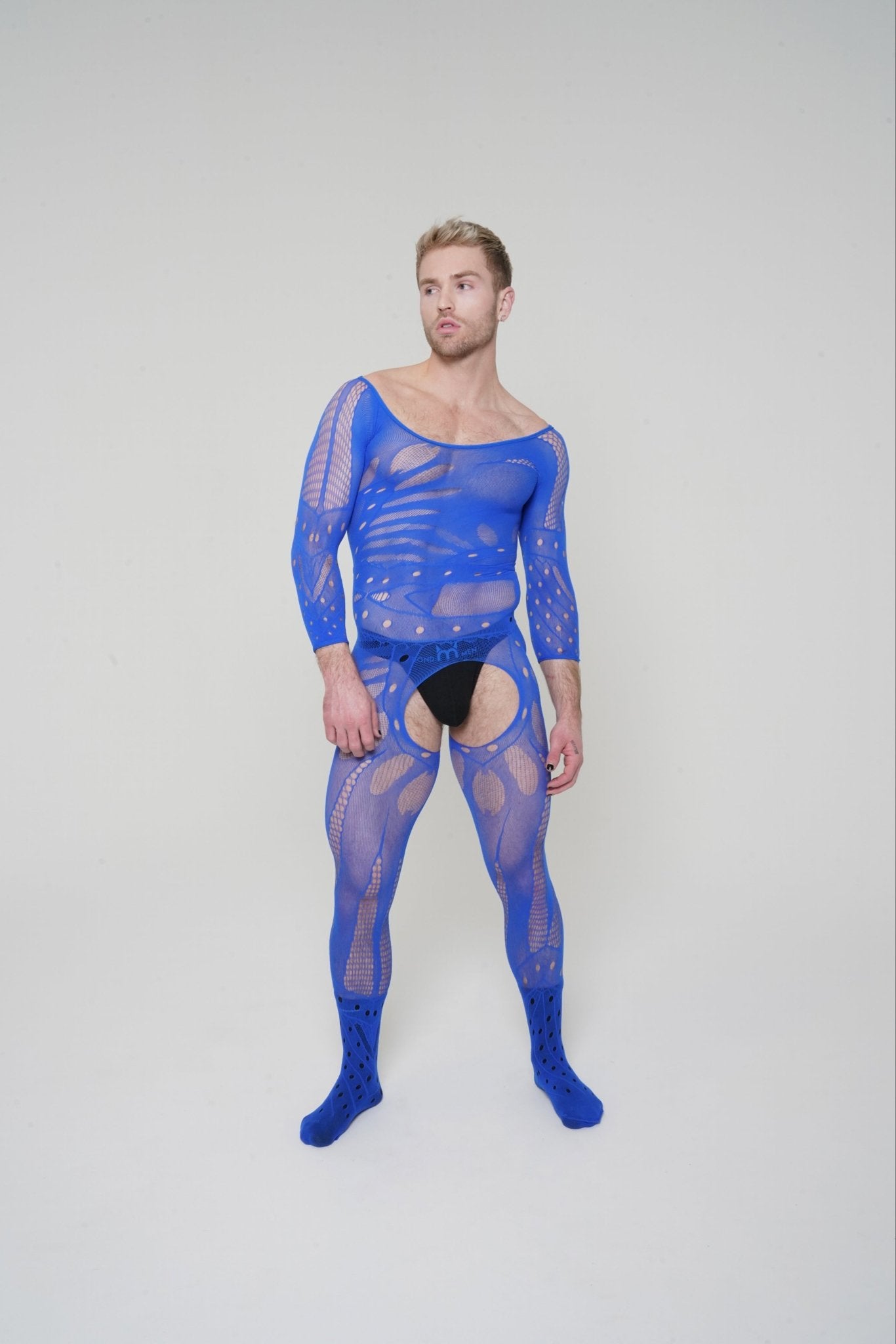 Blue Hollow Mesh Sleeve Bodysuit - TB-BondMenBody Suit