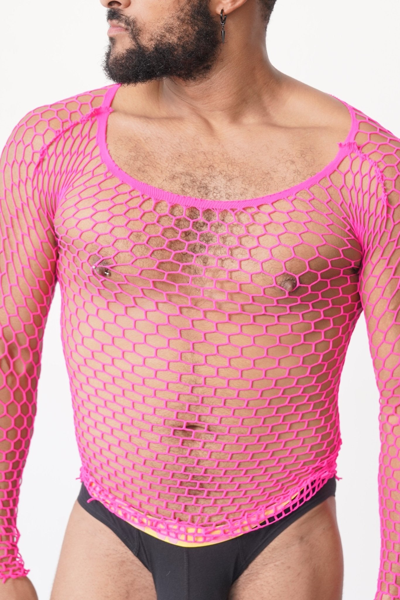 Hot Pink Fishnet Body Sock Shirt on model, fishnet top, Comfortable men's top