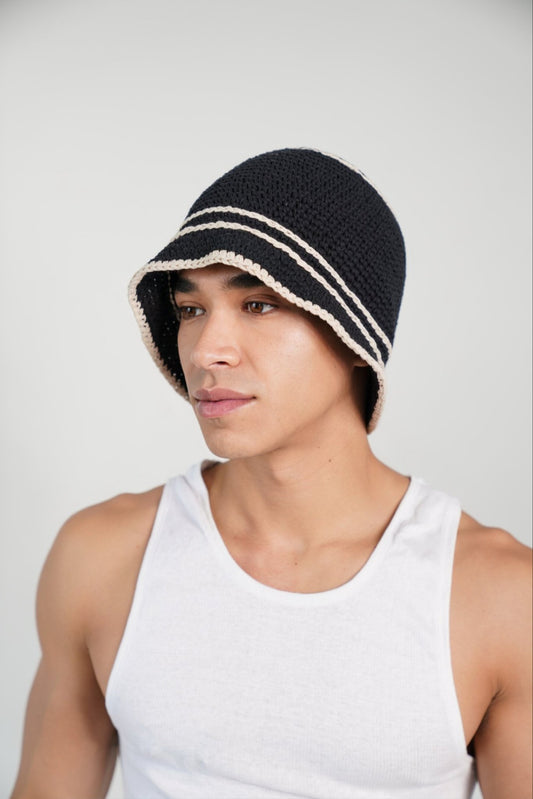 Monochrome Crochet Striped Beanie - TB-BondMenBucket hat