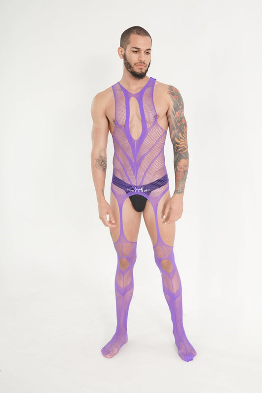 Purple Hollow Fishnet Bodysuit on model, body suit, bdsm bodysuit, lgbtq bodysuit, fetish bodysuit