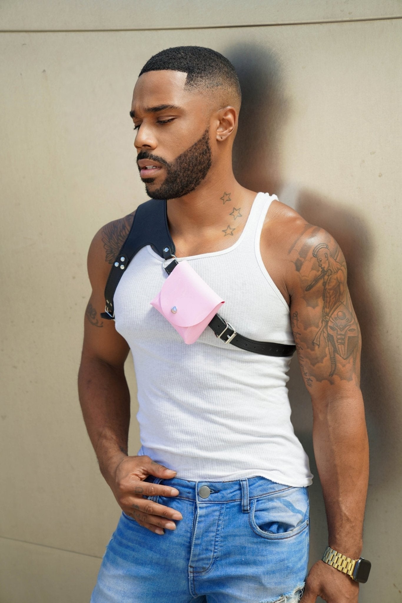 Quad Vest - Pink Vegan Leather Pouch, Harness, bdsm harness, fetish harness, vegan pouch