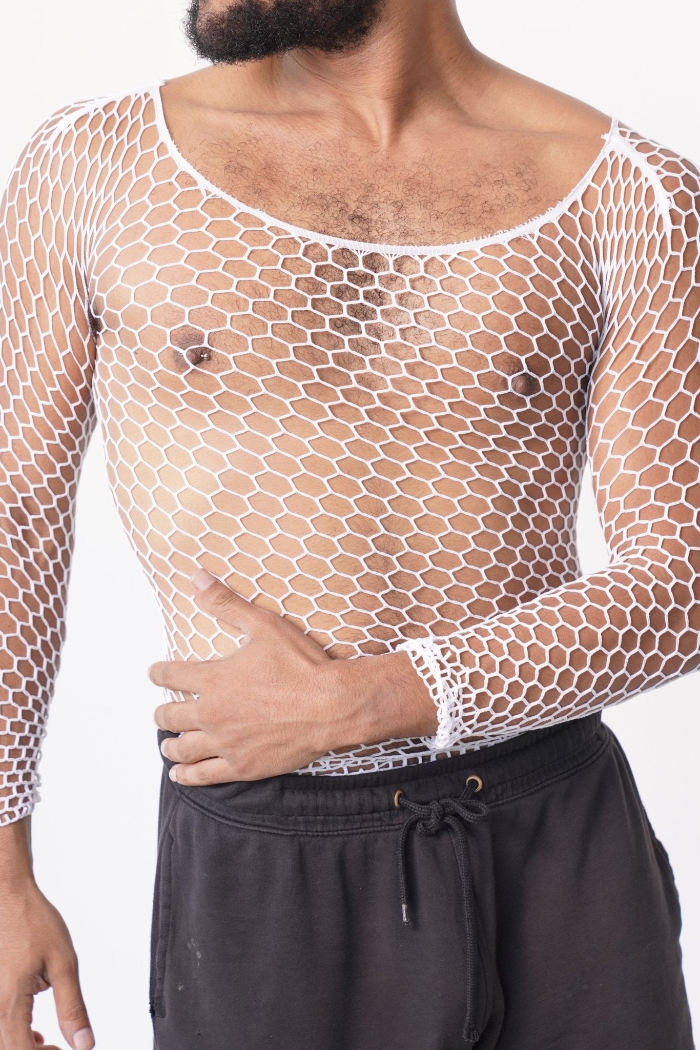 White Fishnet Body Sock Shirt - TB-BondMenTop