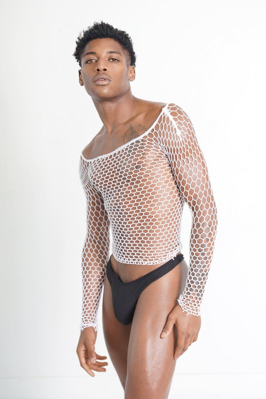 White Fishnet Body Sock Shirt - TB-BondMenTop